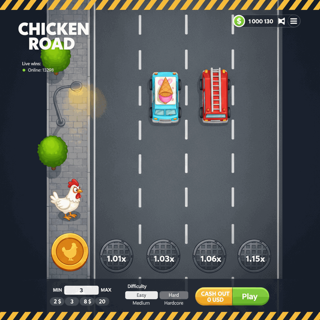 Chicken Road gioco crash di InOut: pollo bianco con cresta rossa attraversa strada a corsie multiple con auto, ogni corsia attraversata aumenta il moltiplicatore di vincita, interfaccia di gioco con pulsanti di puntata e prelievo, tema notturno urbano